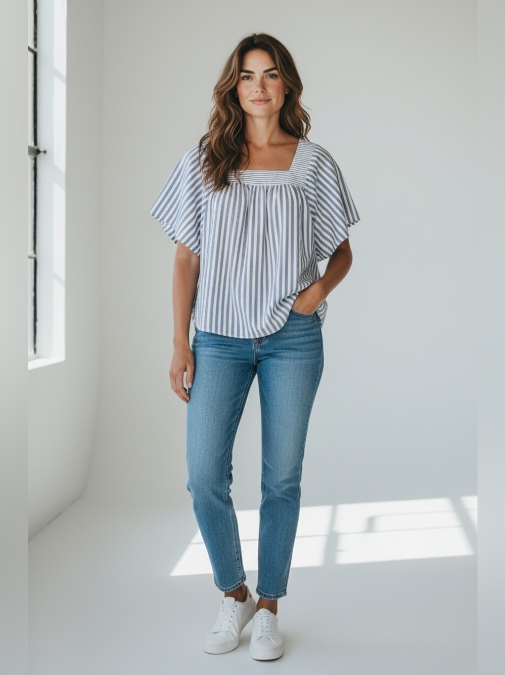 Madewell Blue White Stripe Square Neck Flutter Sleeve Blouse Small